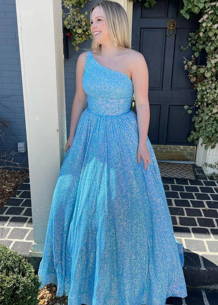 Christie | A Line/Princess Plus Size Orange Seuquin Backless One Shoulder Prom Dress - Blue - PromDressClub