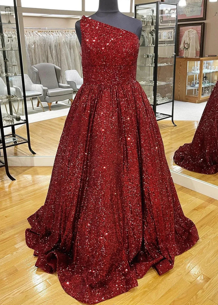Christie | A Line/Princess Plus Size Orange Seuquin Backless One Shoulder Prom Dress - Burgundy - PromDressClub