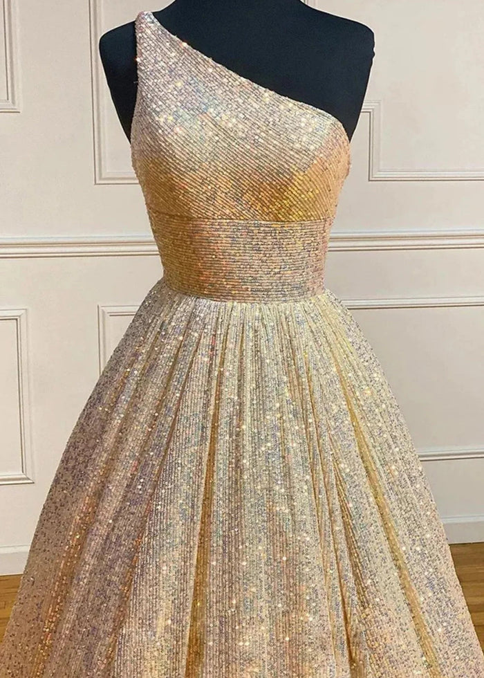 Christie | A Line/Princess Plus Size Orange Seuquin Backless One Shoulder Prom Dress - Gold - PromDressClub