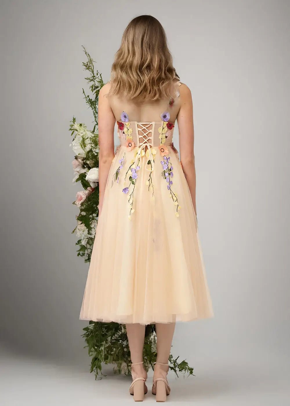 Stacey |A - Line Square Tulle Tea Corset Dress Lace - up Back Short Champagne Prom Dresses with 3D Flower - Champagne - US0 - PromDressClub