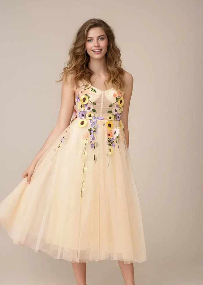 Stacey |Champagne Gold Prom Dresses Midi A Line Tulle Corset with 3D Flower | PromDressClub