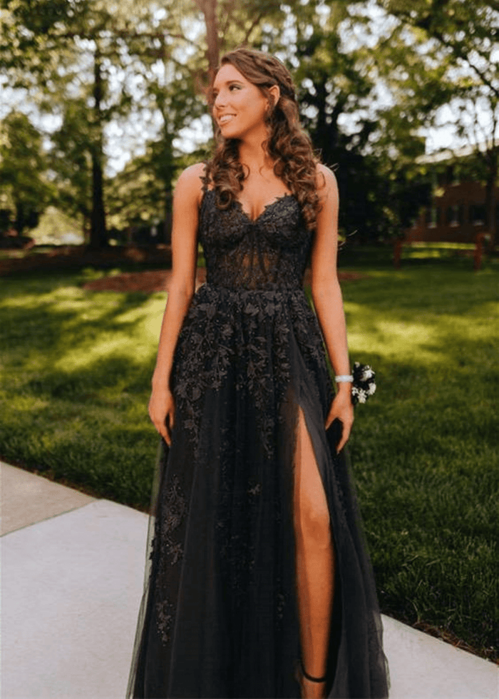 Genevieve | Pink Black Lace Floral A Line Tulle Prom Dress with slit - Black - PromDressClub