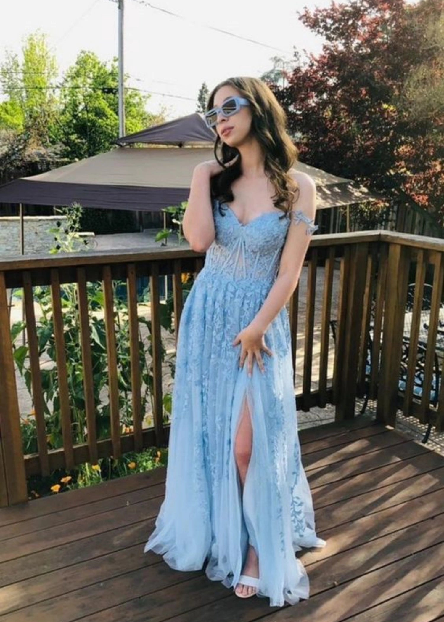 Genevieve |A - line Sweetheart Slit Lace Tulle Pink Long Prom Dress with 3D Flower - Blue - US0 - PromDressClub