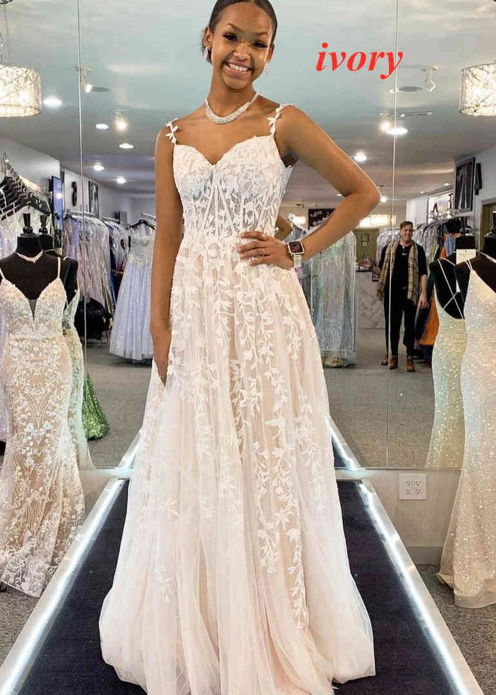 Genevieve | Pink Black Lace Floral A Line Tulle Prom Dress with slit - Ivory - PromDressClub