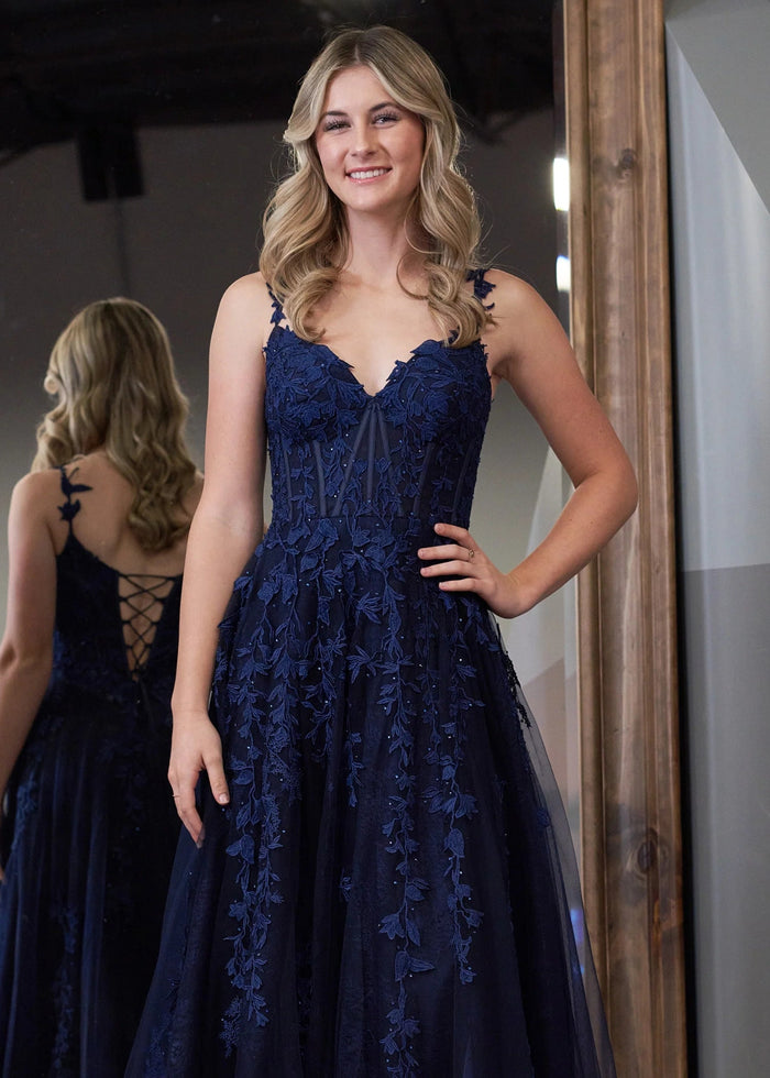 Genevieve | Pink Black Lace Floral A Line Tulle Prom Dress with slit - Dark Navy - PromDressClub