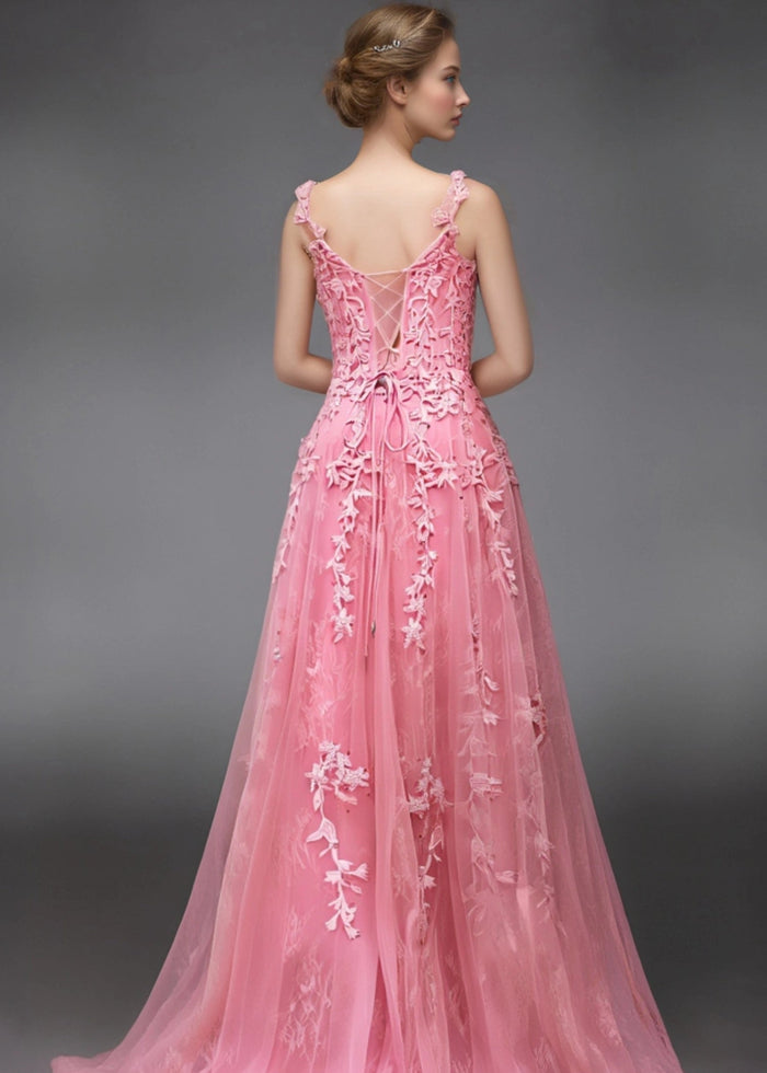 Genevieve | Pink Black Lace Floral A Line Tulle Prom Dress with slit - Light Pink - PromDressClub