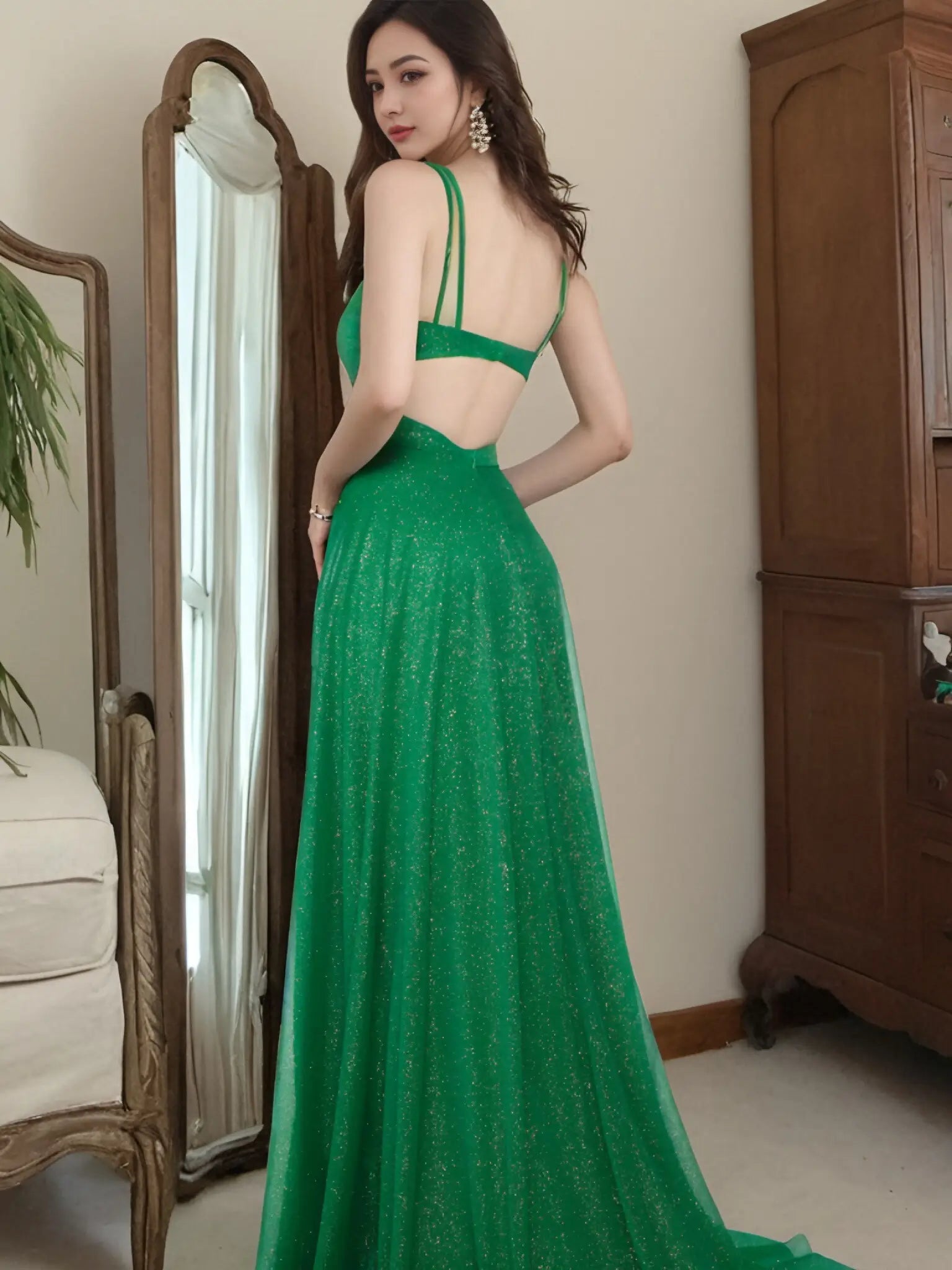 Shirley |A - line V - neck Glitter Tulle Open Back Side Cut Outs Emerald Green Long Prom Dress With Fit N Flare - Green - US0 - PromDressClub