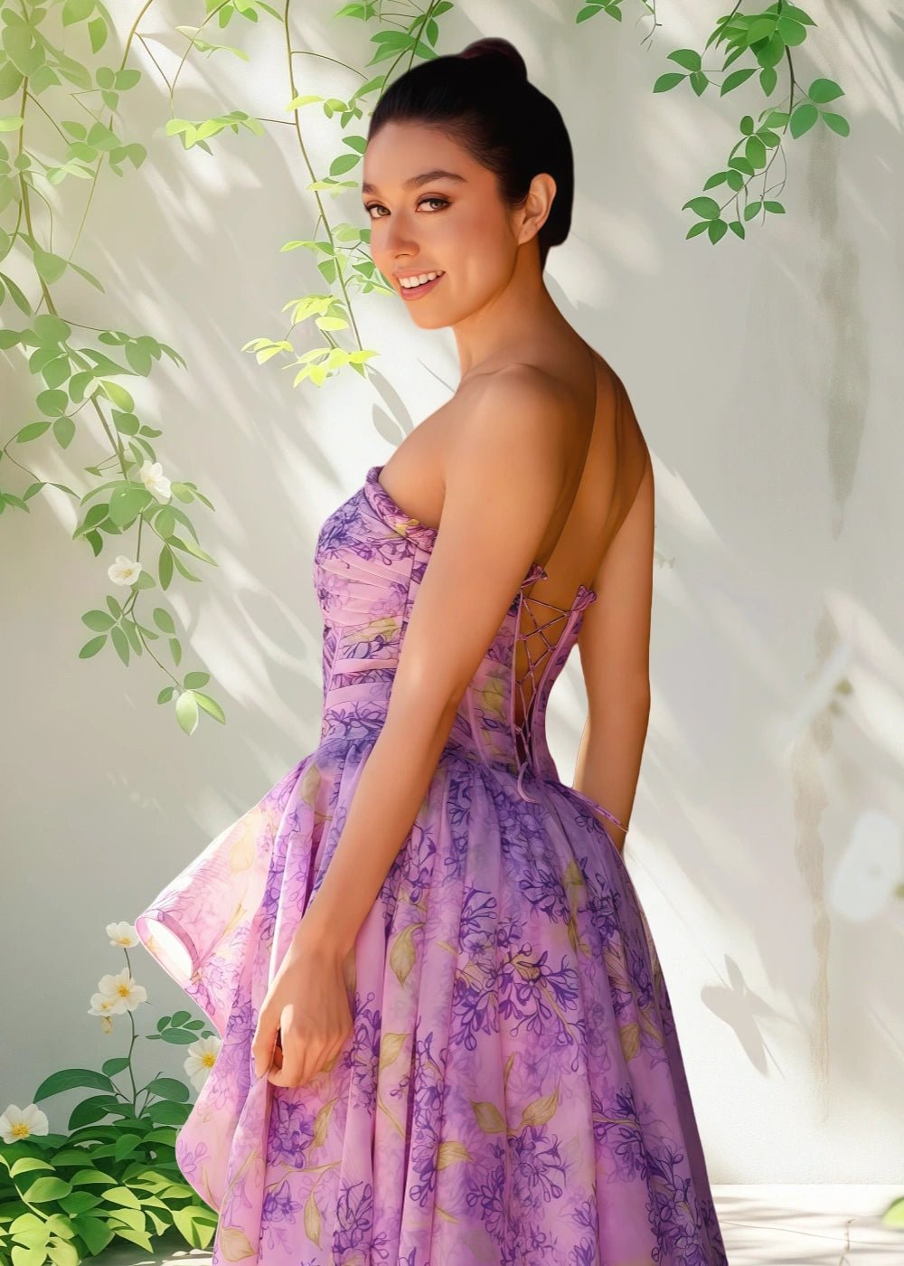 Ada | Lilac Floral Starpless Corset Detachable Sleeve Formal Dress - Lilac Floral - PromDressClub