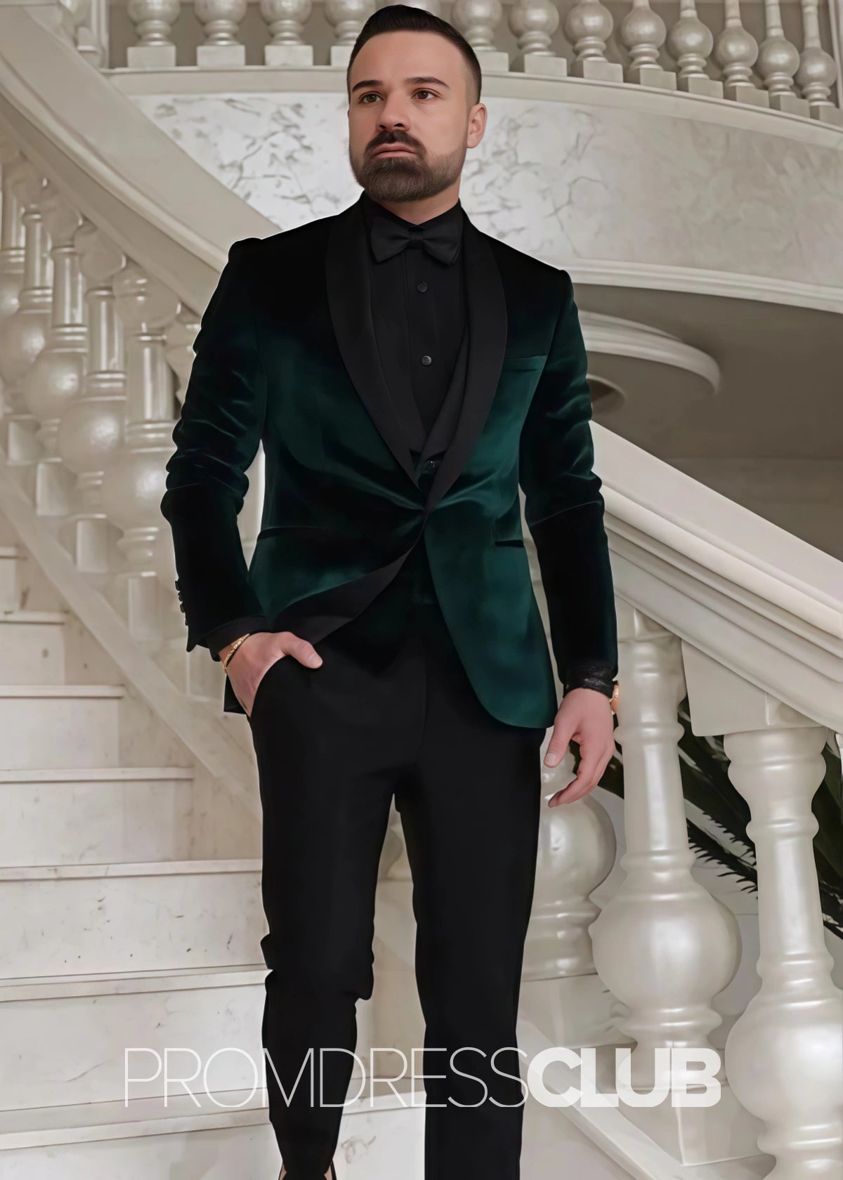 Adam |Dark Green Velvet Prom Suits For Men With Fashion Shawl Lapel | Three Pieces Bespoke Wedding Groom Suits - 34 - PromDressClub