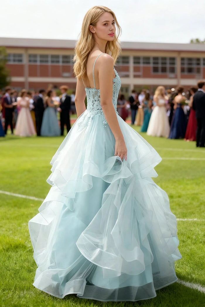 Aetherium Light Blue Lace Corset Prom Dress | A - Line Sweetheart Neckline Rhinestones Ruffle Floor Length Dress - US0 - PromDressClub