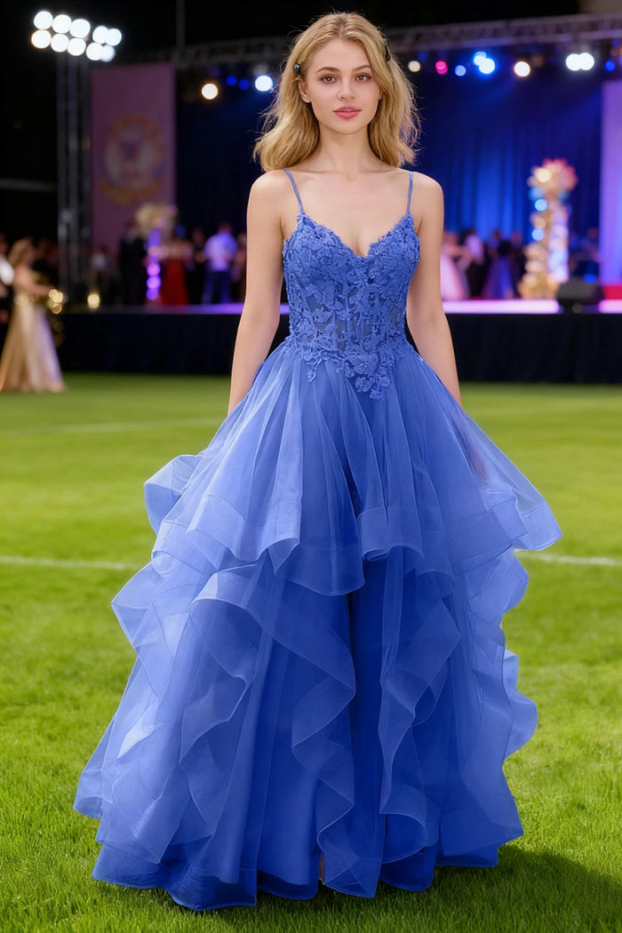Aetherium Royal Blue Lace Corset Prom Dress | A - Line Sweetheart Neckline Rhinestones Ruffle Floor Length Dress - US0 - PromDressClub