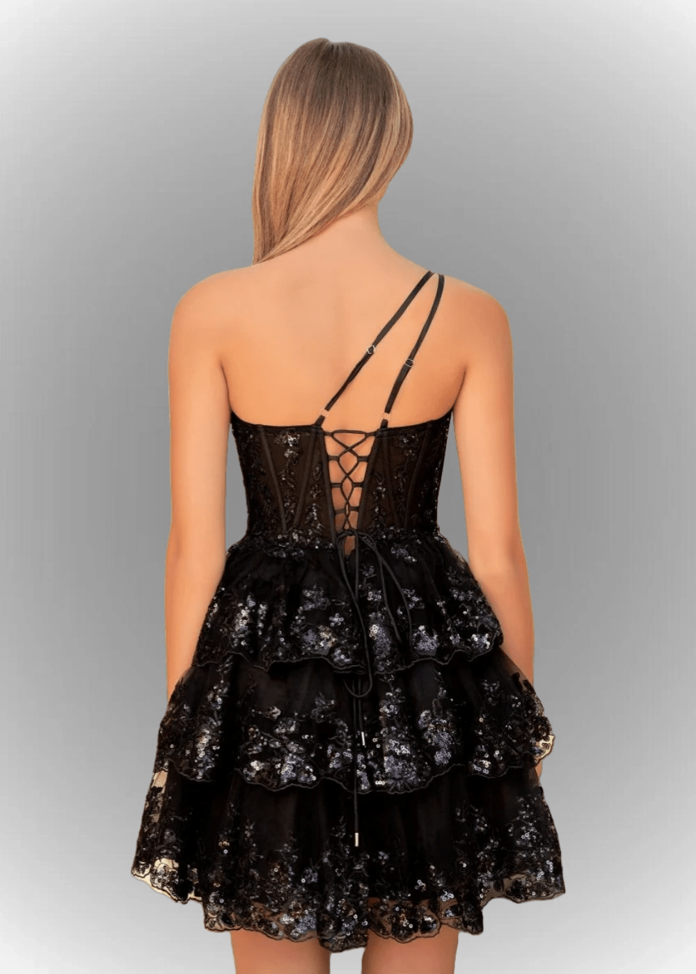 Agatha | A Line Balck One Shoulder Black Sequin Homecoming Dress with Ruffles - Black - PromDressClub