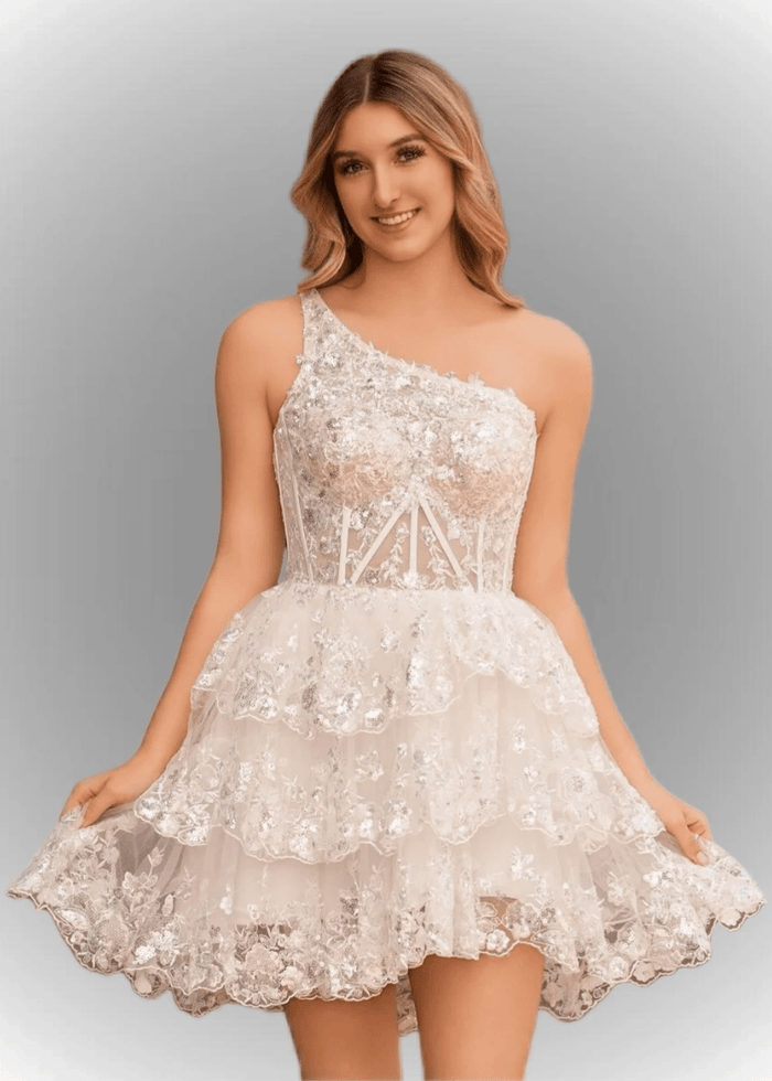 Agatha | A Line Balck One Shoulder Black Sequin Homecoming Dress with Ruffles - White - PromDressClub