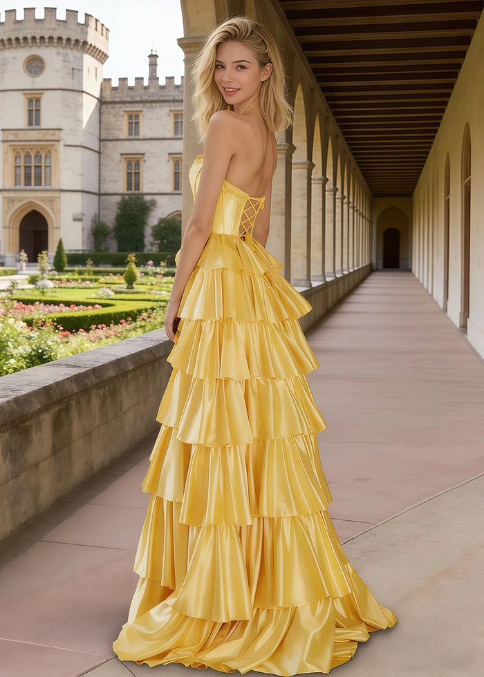 Aila Yellow Satin Corset Prom Dress with Ruffles | A - Line Strapless Beaded Tiered Formal Dress with Slit - Yellow - PromDressClub