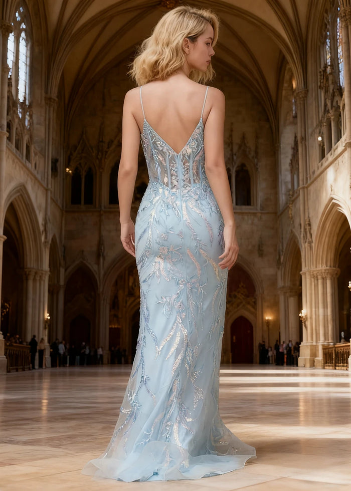 Aithea Blue Glitter Prom Dress | Sheath Spaghetti Strap V - Neck Corset Cocktail Dress - Light Blue - PromDressClub