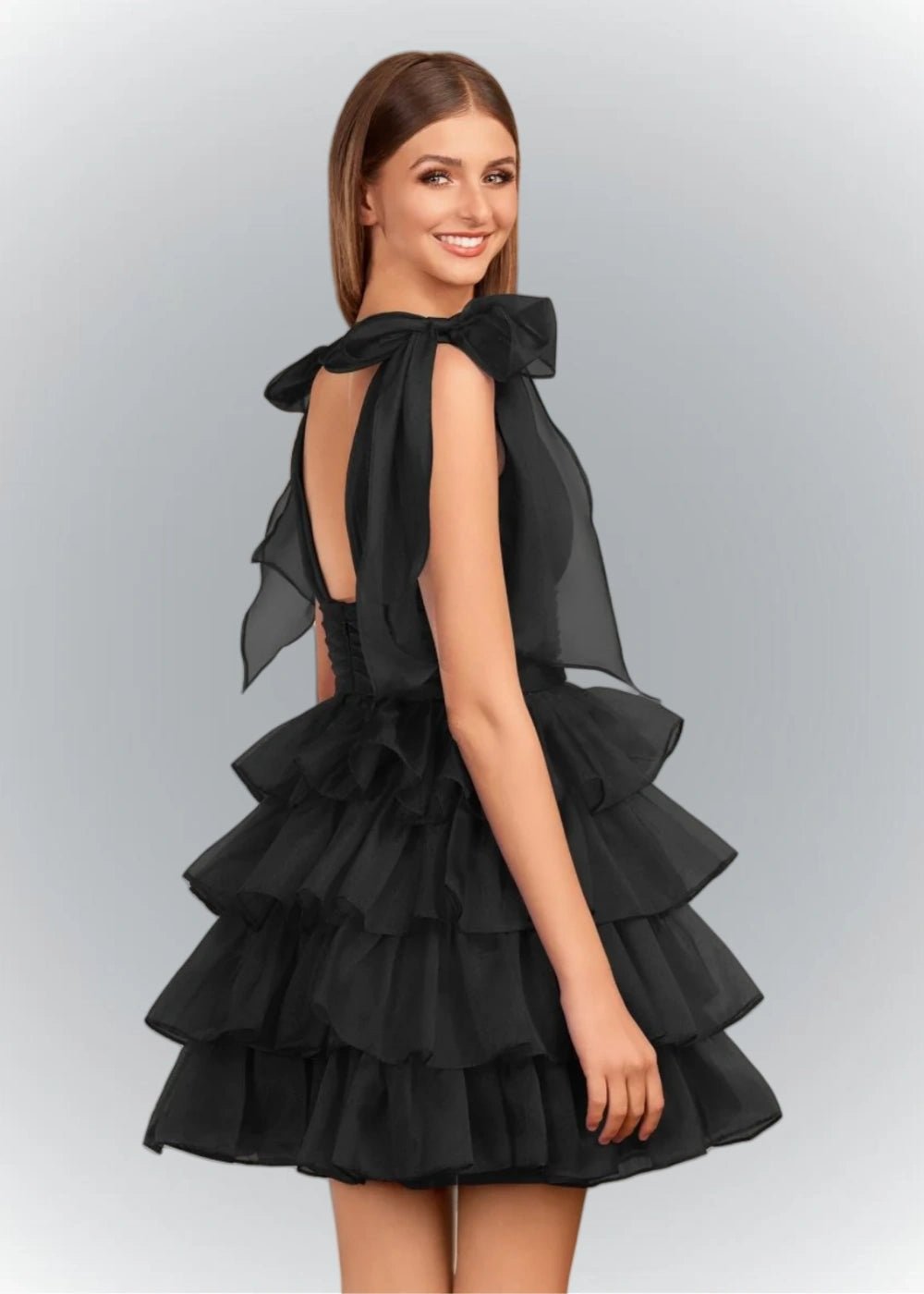 Alessia | Sexy A Line Royal Blue Tiered Ruffle Homecoming Dress with Bow - Black - PromDressClub