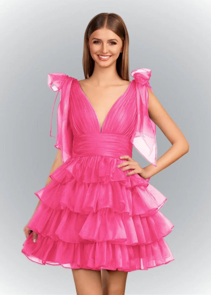 Alessia | Sexy A Line Royal Blue Tiered Ruffle Homecoming Dress with Bow - Light Pink - PromDressClub