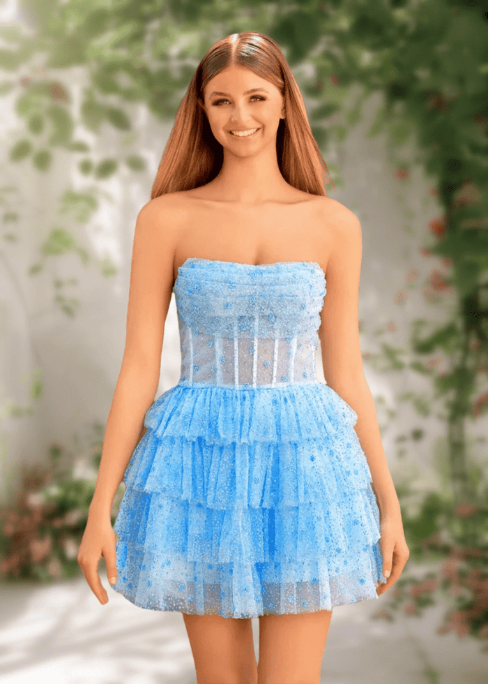 Alexandra | Classy Light Blue Strapless Corset Short Homecoming Dress with Ruffles - Baby Blue - PromDressClub