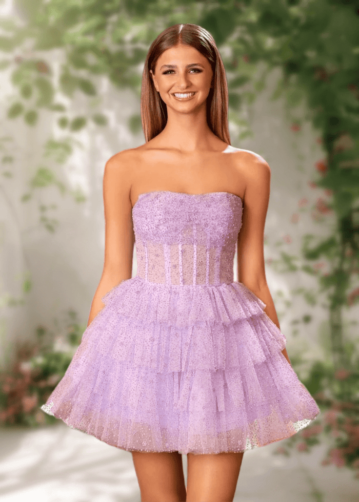Alexandra | Classy Light Blue Strapless Corset Short Homecoming Dress with Ruffles - Lavender - PromDressClub