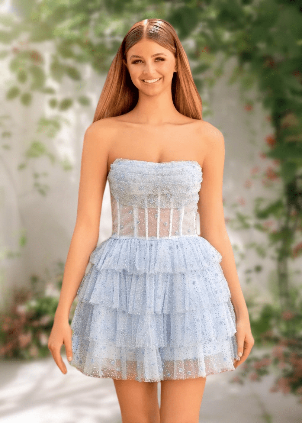 Alexandra | Classy Light Blue Strapless Corset Short Homecoming Dress with Ruffles - Light Blue - PromDressClub