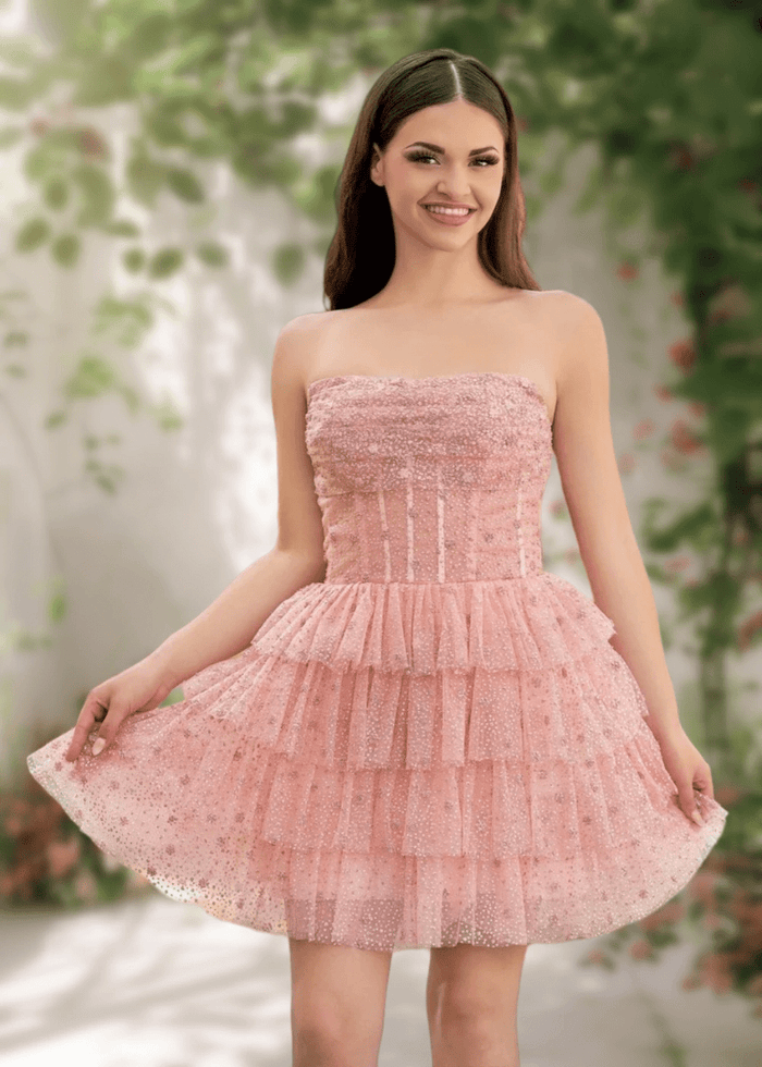 Alexandra | Classy Light Blue Strapless Corset Short Homecoming Dress with Ruffles - Light Pink - PromDressClub