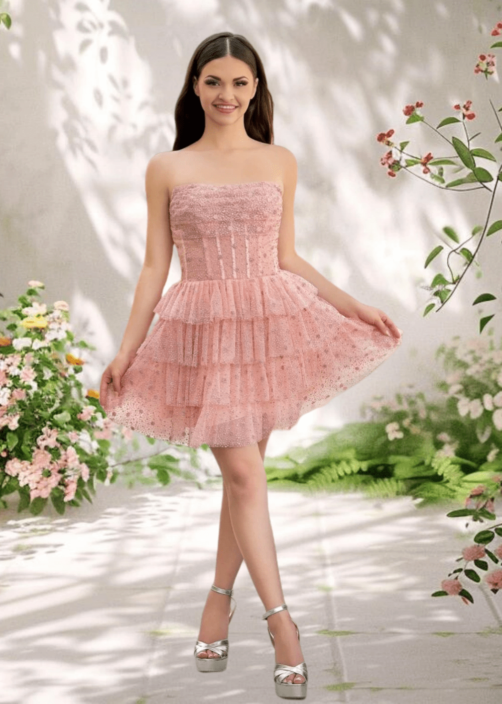 Alexandra | Classy Light Blue Strapless Corset Short Homecoming Dress with Ruffles - Light Pink - PromDressClub