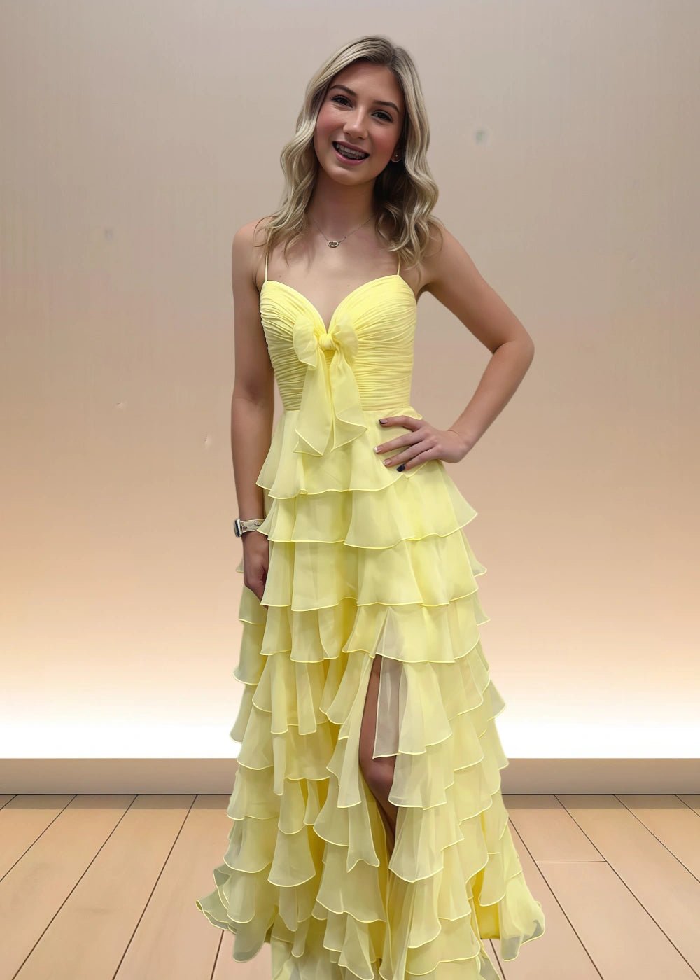 Alexandra | Yellow Spaghetti Strap Corset Maxi Dress Formal for Ruffles - Yellow - PromDressClub