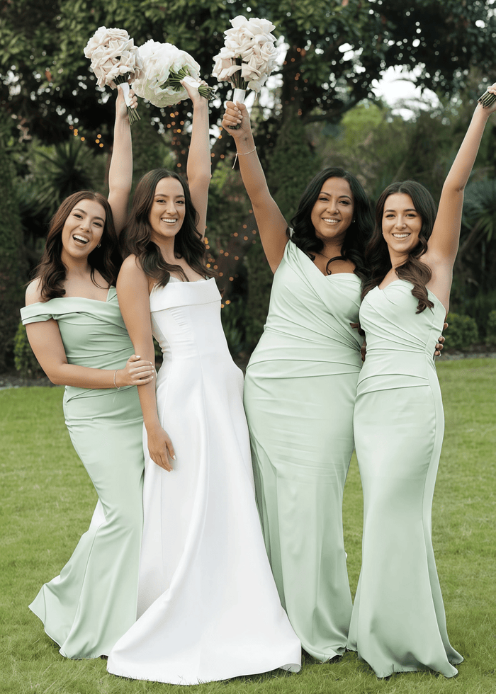 Alexia | Mermaid Off the Shoulder Champagne Stretch Satin Maxi Bridesmaid Dress with Pleated and Sweetheart Neck - Price #price_variant_lowest# - Sage - PromDressClub