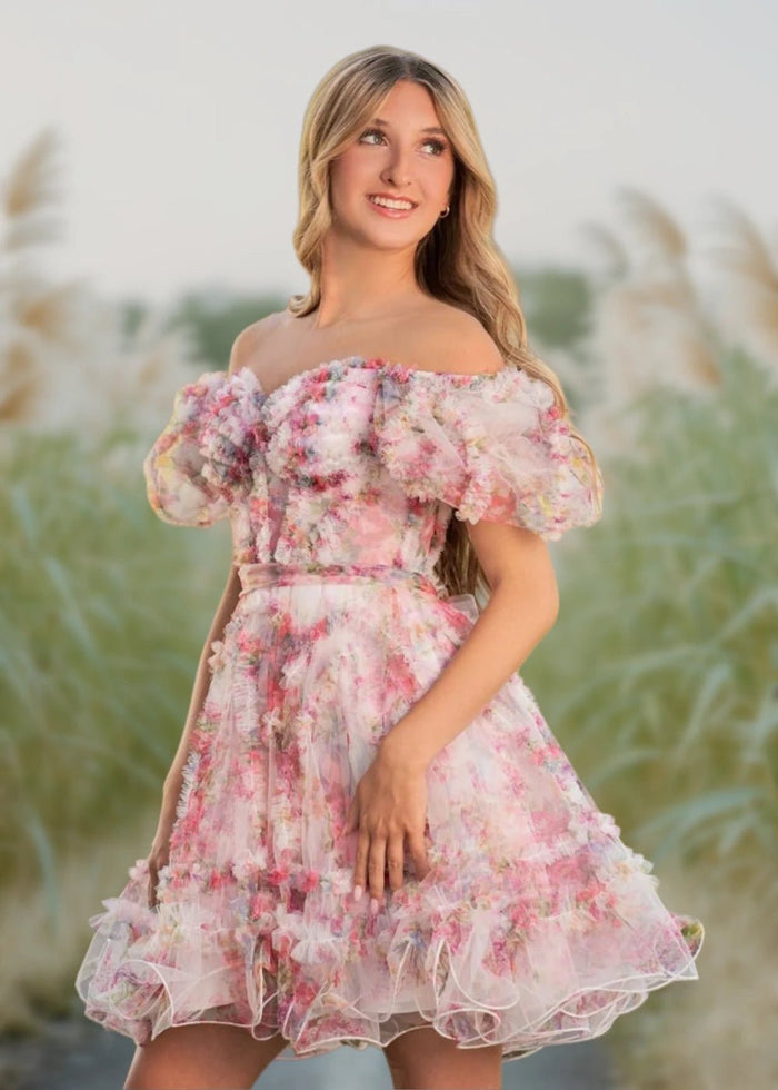 Alice | A Line Light Purple Floral Off the Shoulder Corset Homecoming Dress - Light Pink Floral - PromDressClub