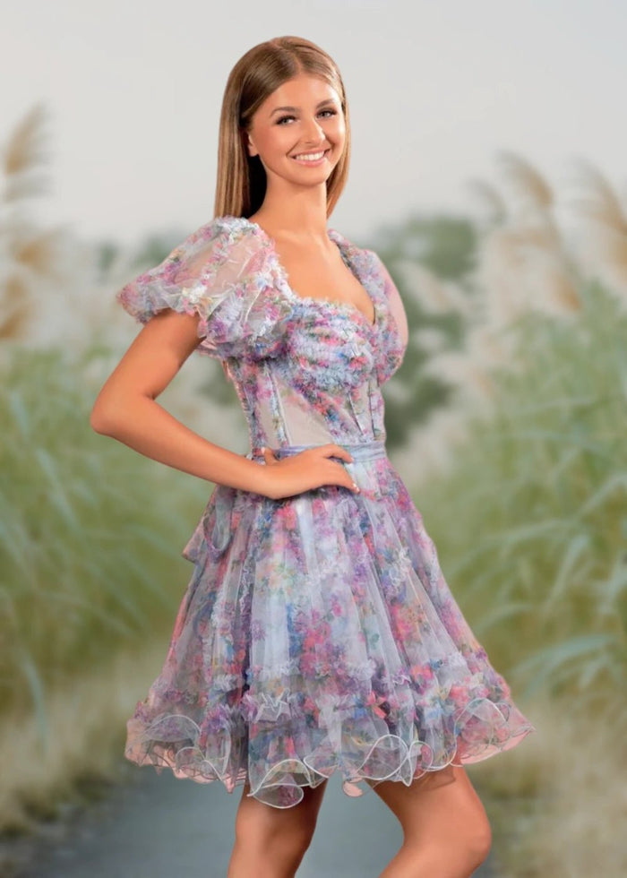 Alice | A Line Light Purple Floral Off the Shoulder Corset Homecoming Dress - Light Blue Floral - PromDressClub