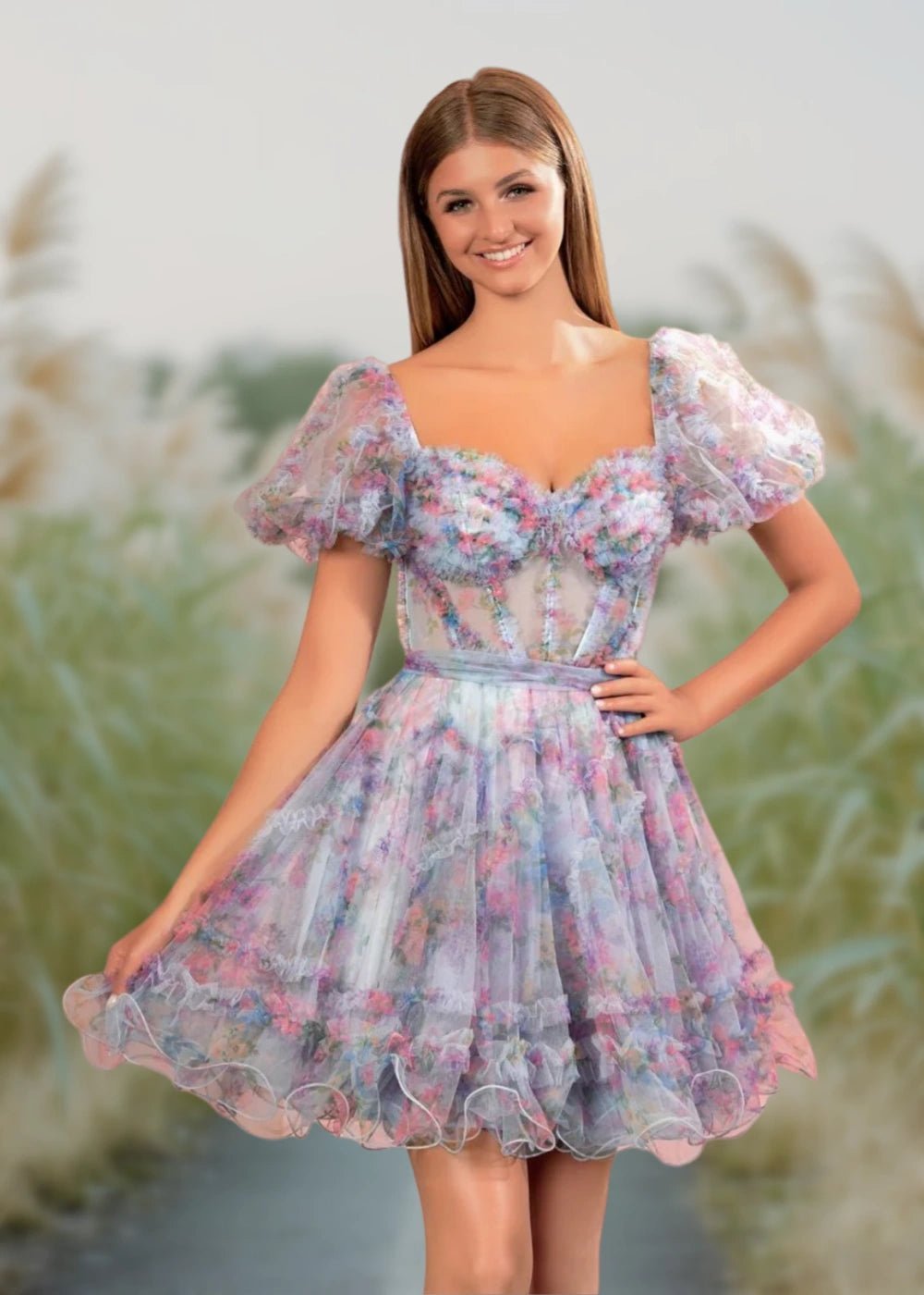 Alice | A Line Light Purple Floral Off the Shoulder Corset Homecoming Dress - Light Blue Floral - PromDressClub