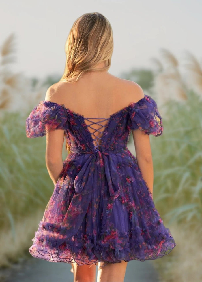 Alice | A Line Light Purple Floral Off the Shoulder Corset Homecoming Dress - Purple Floral - PromDressClub