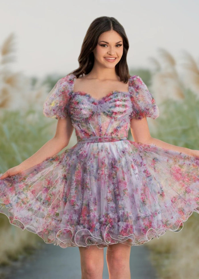 Alice | A Line Light Purple Floral Off the Shoulder Corset Homecoming Dress - Light Purple Floral - PromDressClub