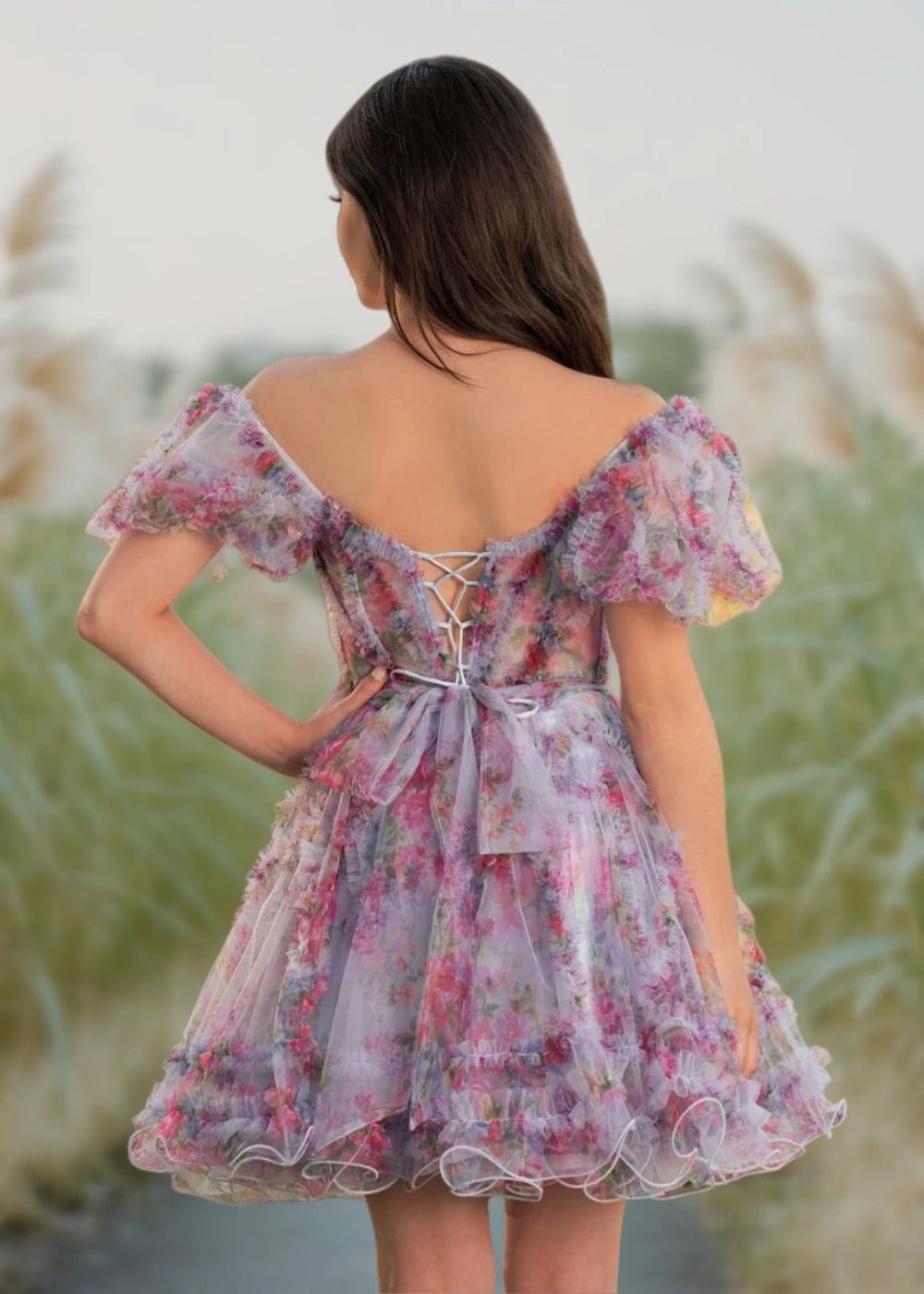 Alice | A Line Light Purple Floral Off the Shoulder Corset Homecoming Dress - Light Purple Floral - PromDressClub