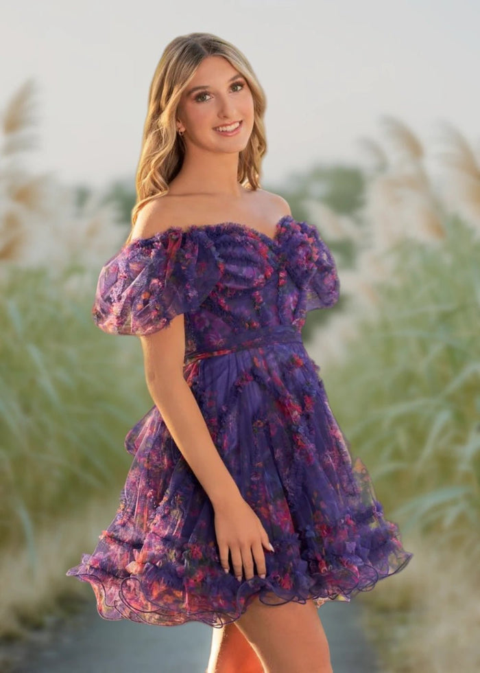 Alice | A Line Light Purple Floral Off the Shoulder Corset Homecoming Dress - Light Purple Floral - PromDressClub