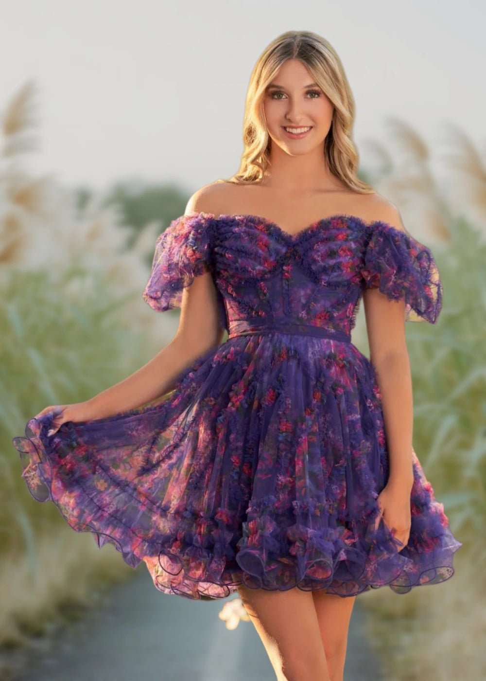Alice | A Line Light Purple Floral Off the Shoulder Corset Homecoming Dress - Light Purple Floral - PromDressClub