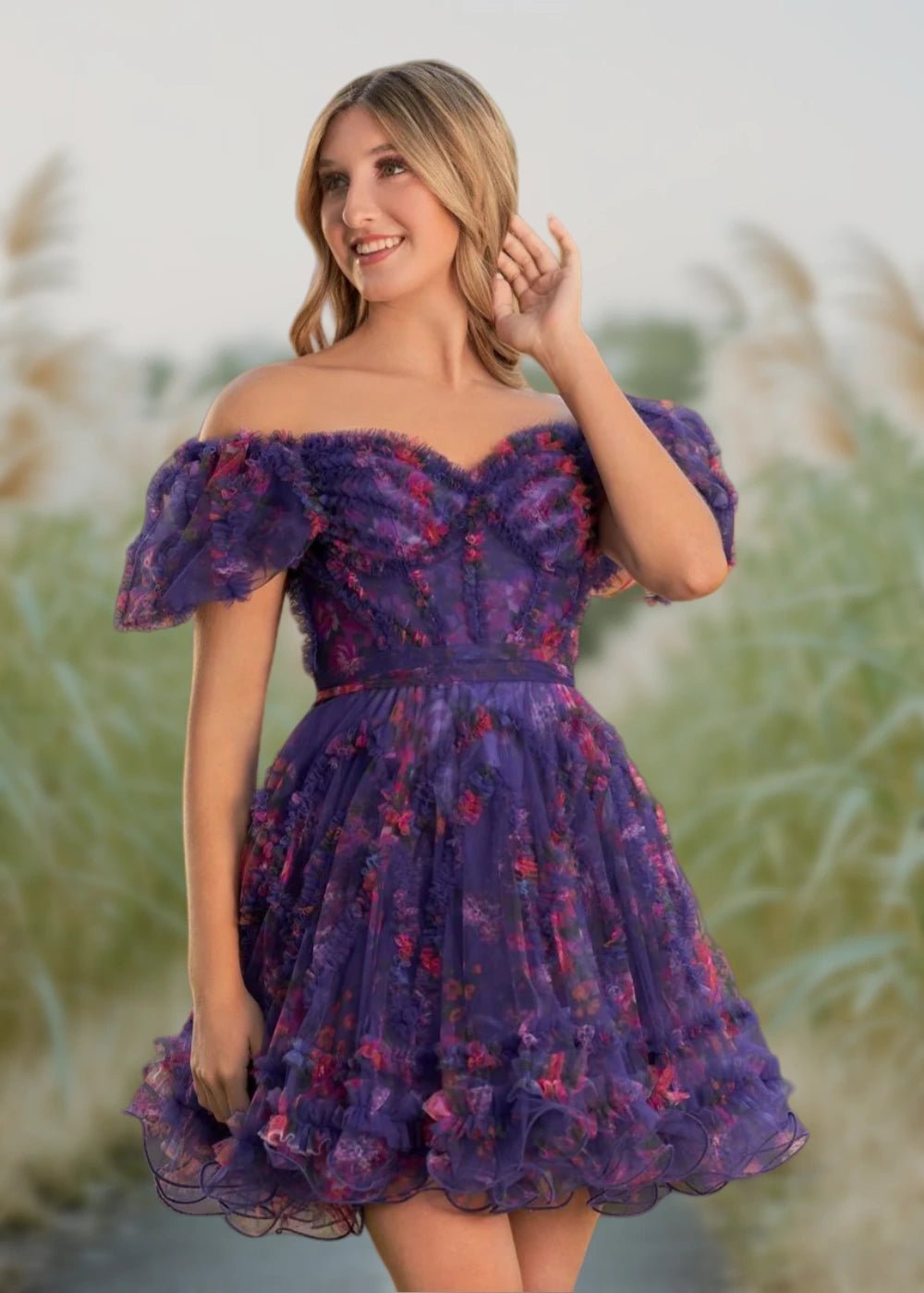 Alice | A Line Light Purple Floral Off the Shoulder Corset Homecoming Dress - Light Purple Floral - PromDressClub