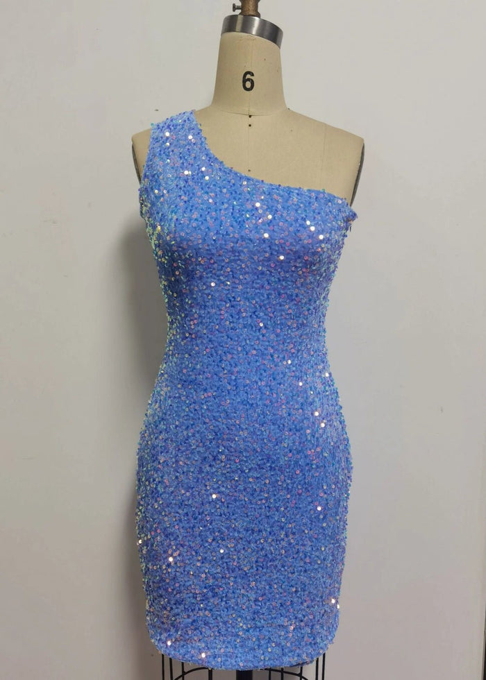 Alicia | Bodycon Light Blue Sequin One Shoulder Short Homecoming Dress - Royal Blue - PromDressClub