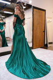 Rebecca |Satin Lace Prom Dress Dark Green Mermaid Off the Shoulder - Dark Green - US0 - PromDressClub