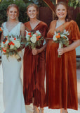 Alma | Immensely Glam Sheath Rust Orange Velvet Midi Bridesmaid Dress with V Neck and Short Sleeve - Rust - PROMDRESS Club