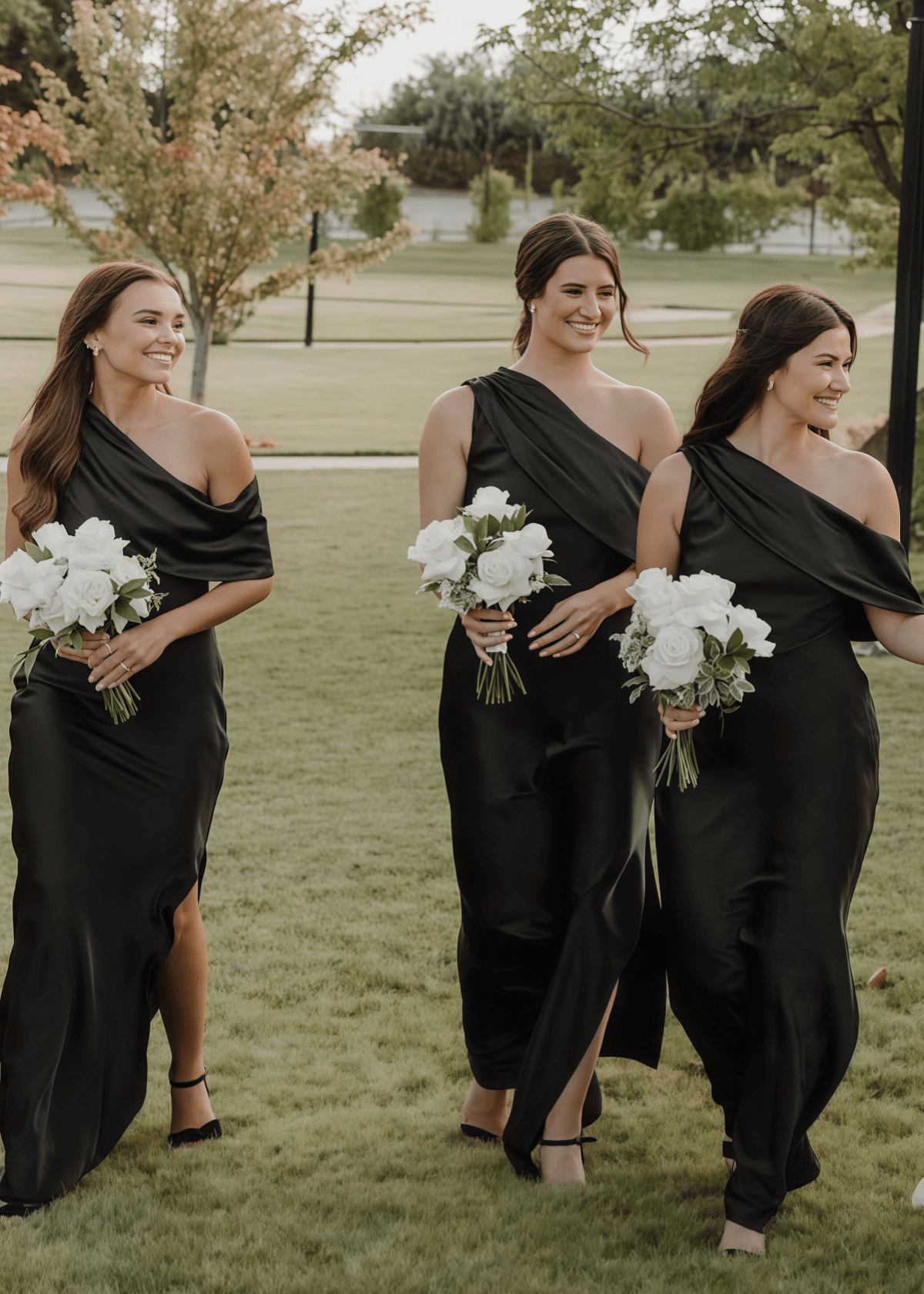 Alva | Sophisticated Sheath Dusty Blue Satin Maxi Bridesmaid Dress with Slit and One Shoulder - Black - PROMDRESS Club