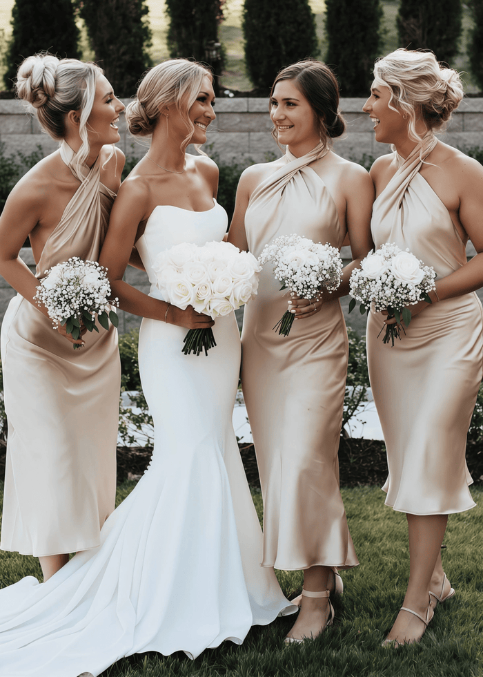 Amanda | Party Vibe Sheath Sage Green Satin Maxi Bridesmaid Dress with Halter and Backless - Price #price_variant_lowest# - Champagne - PromDressClub