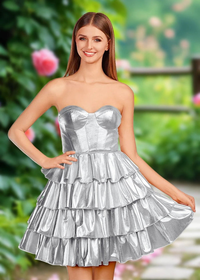 Amanda | Sexy A - Line Gold Metallic Corset Strapless Short Homecoming Dress with Ruffles - Silver - PromDressClub