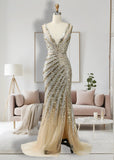 Amanda |Trumpet Mermaid Deep V Neck Gold Long Prom Dress with Silt - Gold - US0 - PromDressClub