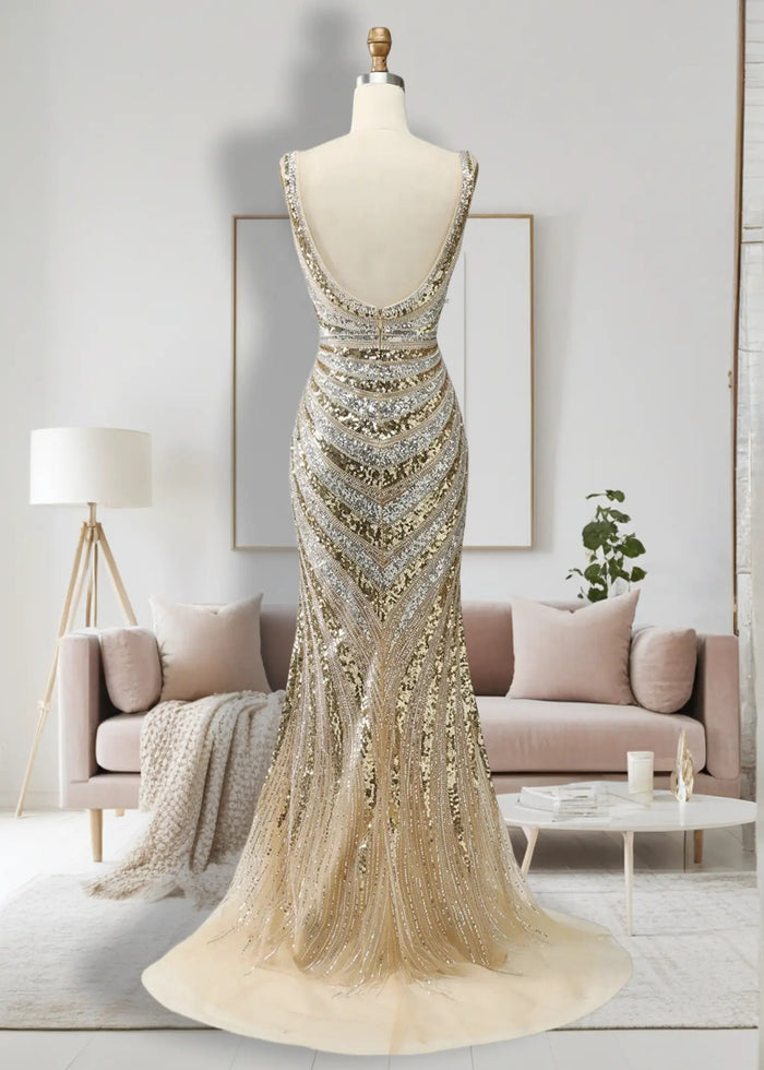 Amanda | Gold Mermaid V Neck Backless Sequin Prom Dress with Slit - Gold - PromDressClub