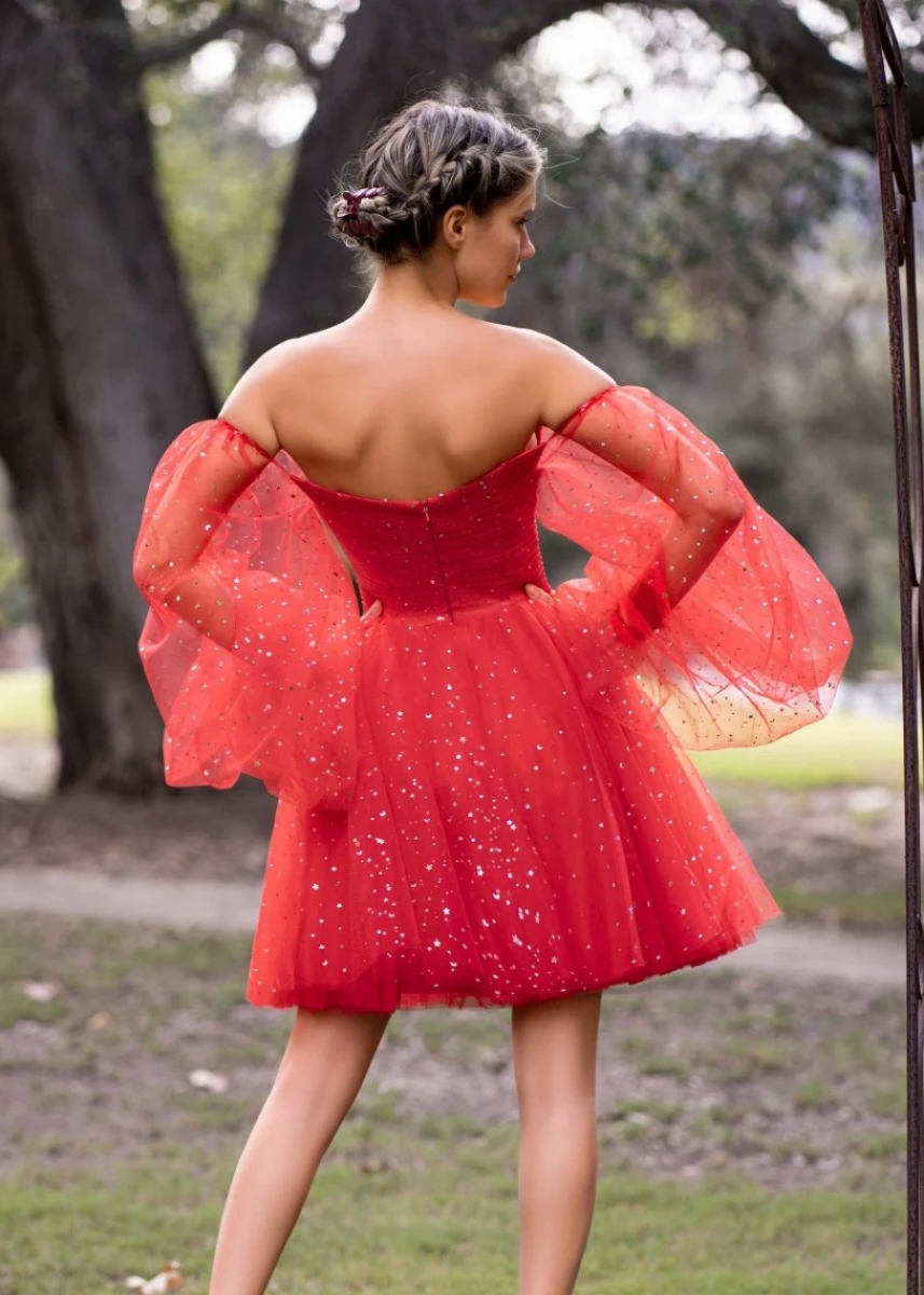 Amarynthe | Command Attention at Homecoming in a Glittering Red Tulle Dress - Red - PromDressClub
