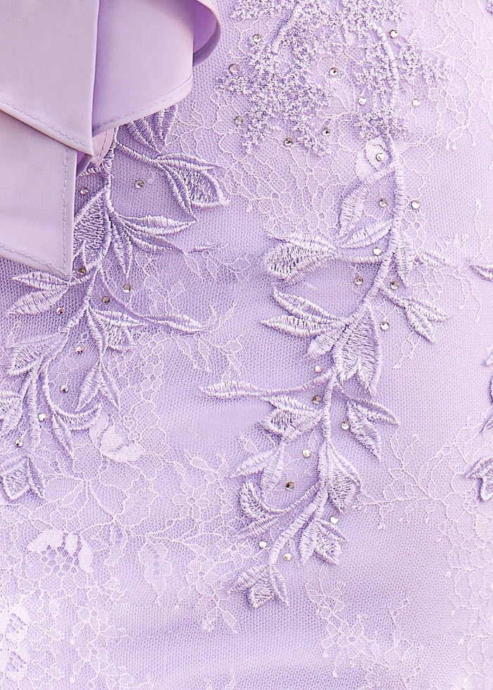 Amber | Bodycon Lavender Lace Strapless Detachable Puff Sleeves Homecoming Dress Bow - Lavender - PromDressClub