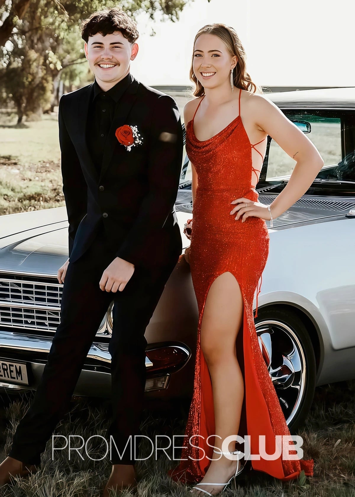 Amelia |Red Dress Prom Long Mermaid Halter Sequins With Split - Red - PromDressClub