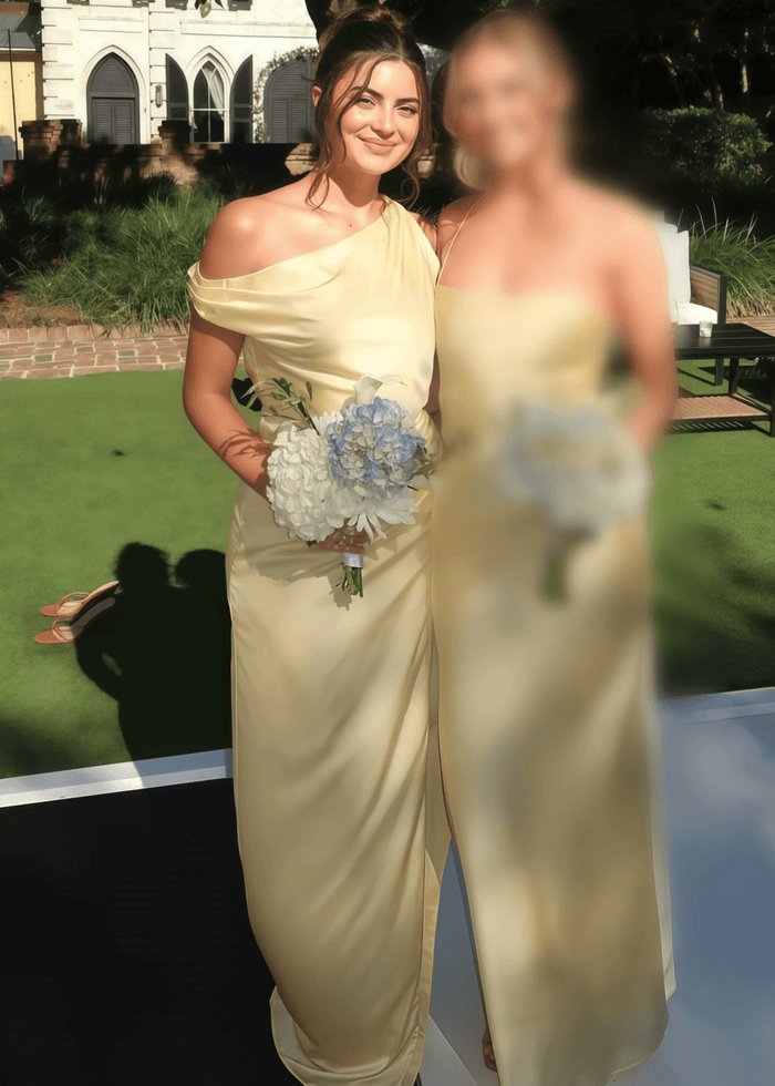 Amelia | Sheath Pleated Hot Pink Stretch Satin Maxi Bridesmaid Dress with Slit and One Shoulder - Price #price_variant_lowest# - Pale Yellow - PromDressClub