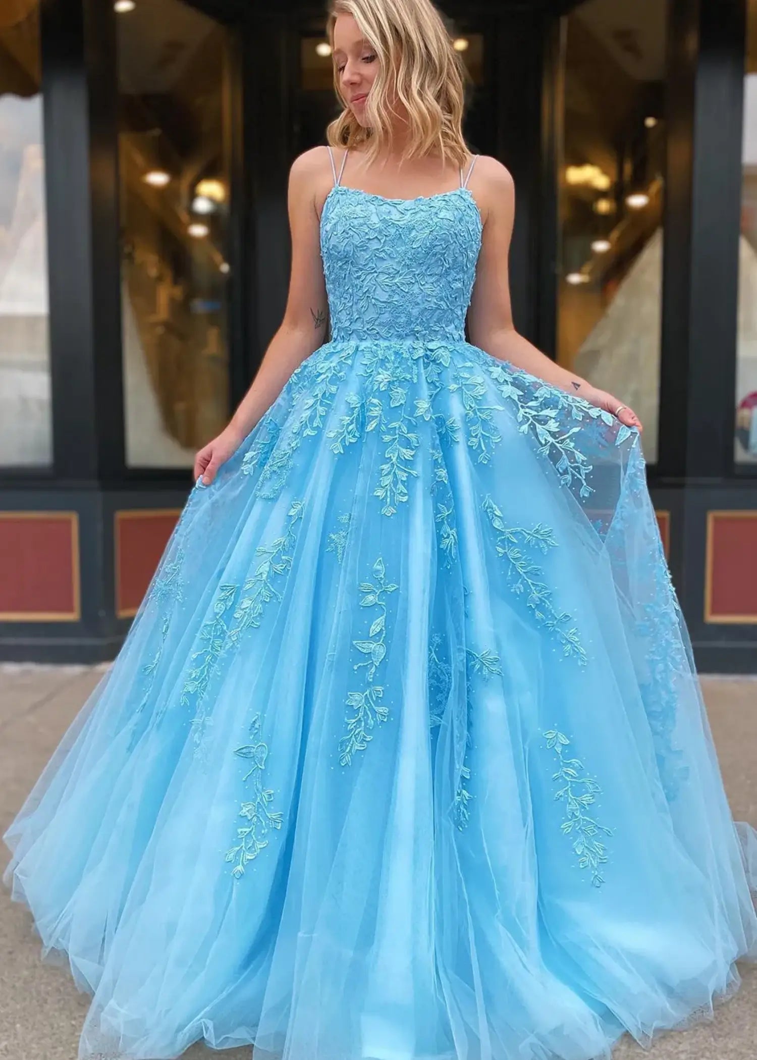 Amla |Ball Gown Royal Blue Spaghetti Straps Long Plus Size Prom Dress With 3D Flower - Light Blue - US0 - PromDressClub